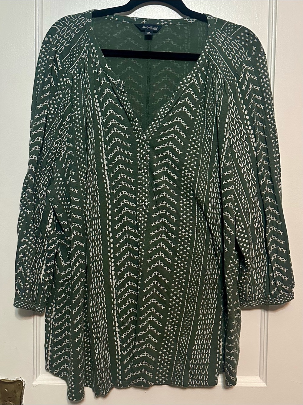 Lucky Brand Cotton 3/4 Sleeve Blouse in Olive with White Print (3X) - Picture 1 of 3